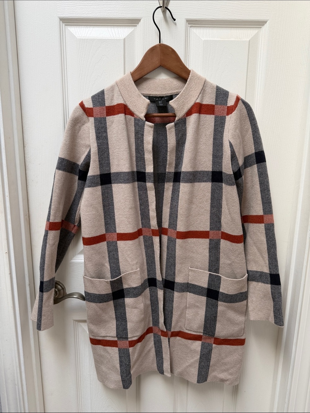 Tahari Beige Plaid Collarless Trench Coat with Red & Gray Windowpane
